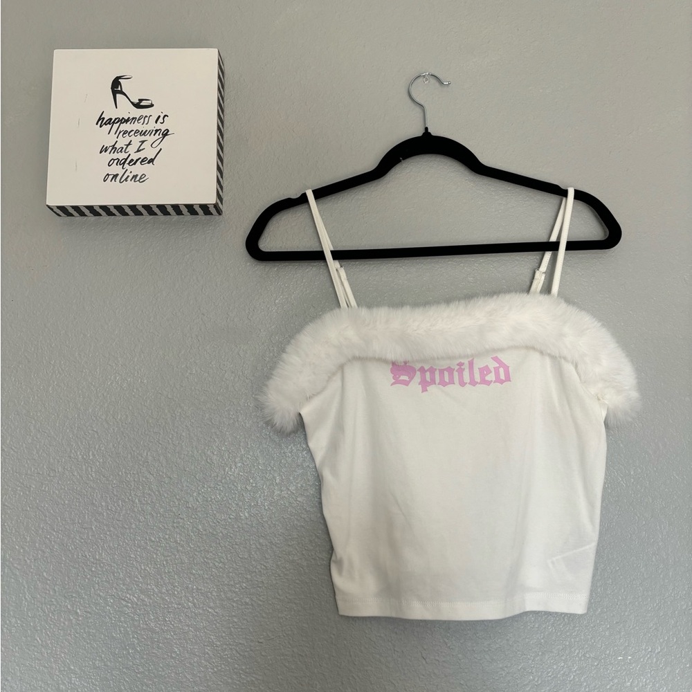Forever 21 White Fuzzy Trim Crop Top